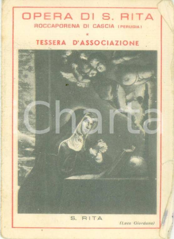 1958-1961 ROCCAPORENA DI CASCIA (PG) Tessera associazione Opera SANTA RITA
