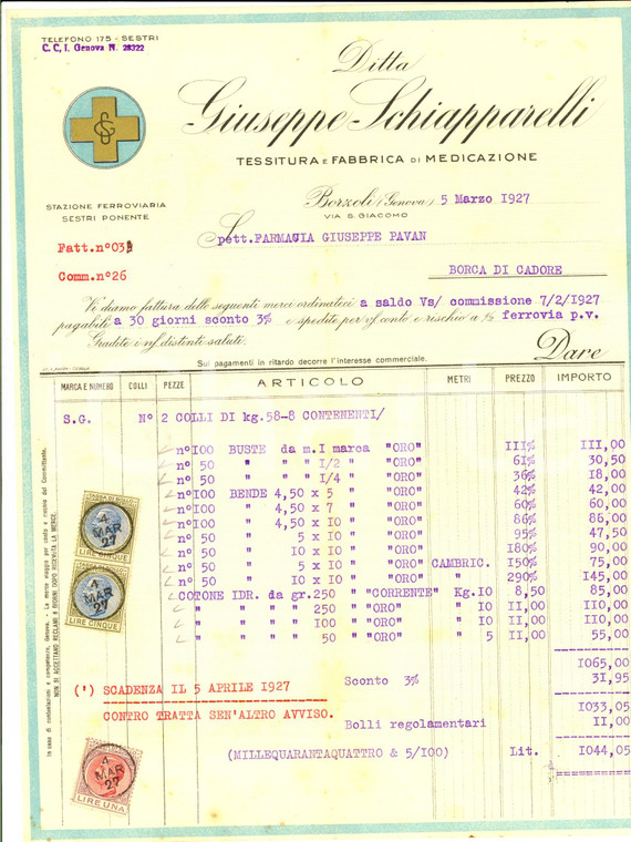 1927 GENOVA BORZOLI Ditta Giuseppe SCHIAPPARELLI Fabbrica medicazione *Fattura