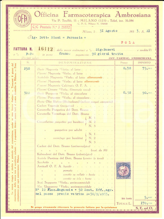 1933 MILANO Officina Farmacoterapica Ambrosiana *Fattura intestata