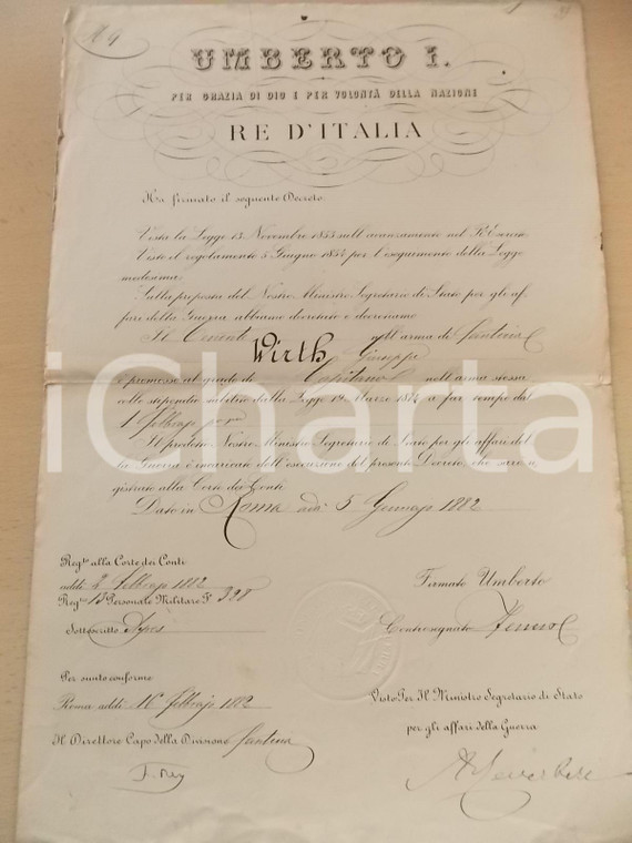 1882 ROMA Promozione di Giuseppe WIRTH al grado di capitano di fanteria *Decreto