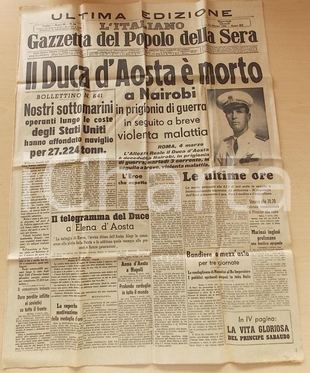 1942 GAZZETTA DEL POPOLO SERA Morto Amedeo di SAVOIA Duca d'AOSTA *Giornale