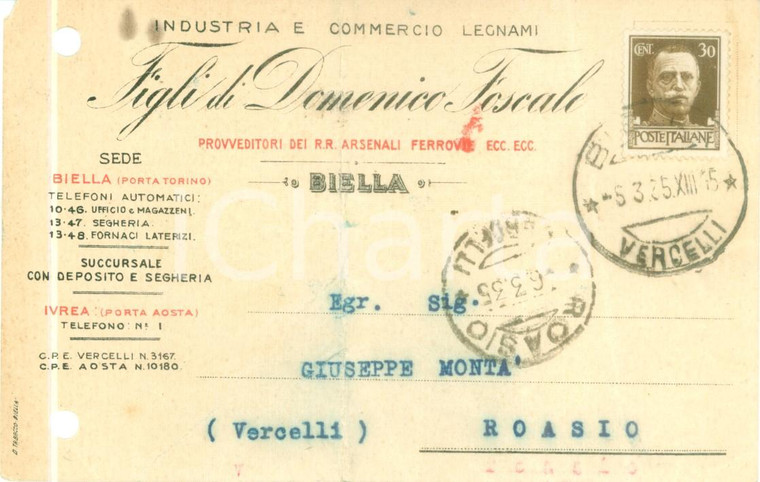 1935 BIELLA Industria legnami Figli Domenico FOSCALI *Cartolina DANNEGGIATA