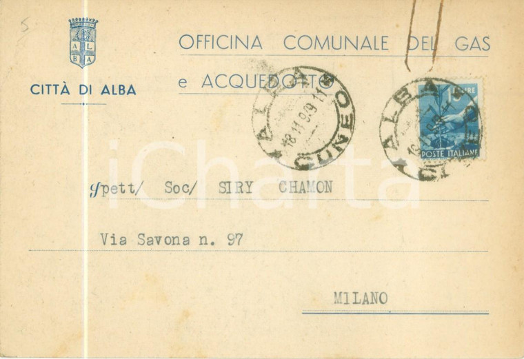 1949 ALBA (CN) Officina Comunale Gas chiede prezzo di scaldabagno *Cartolina
