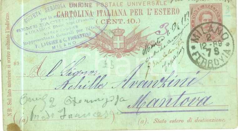 1889 MILANO Società Sericola Francese Seme e bachi *Cartolina FP VG