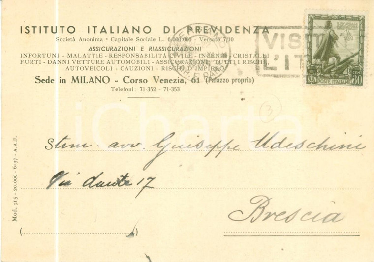 1939 MILANO Istituto Italiano di Previdenza Assicurazioni *Cartolina commerciale