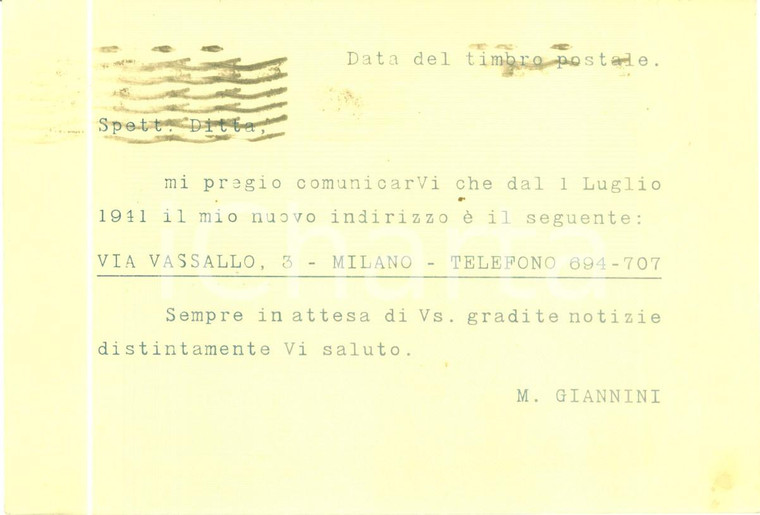 1940 MILANO Rappresentanze GIANNINI si trasferiscono in Via Vassallo 3 Cartolina