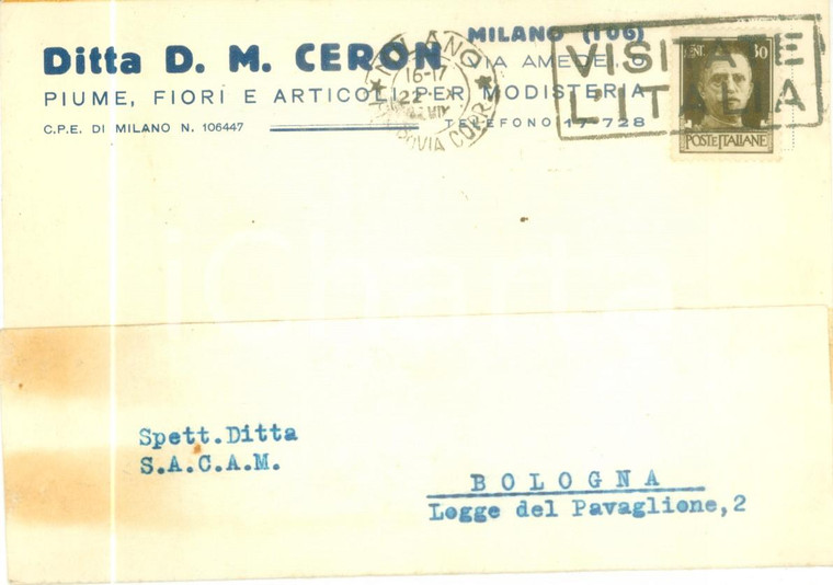 1941 MILANO Ditta CERON Piume fiori e articoli modisteria *Cartolina commerciale