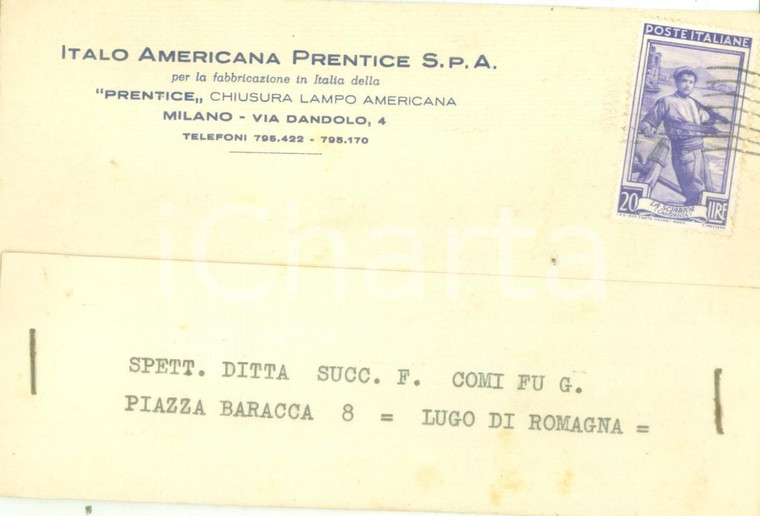 1952 MILANO Italo Americana Prentice S.p..A Chiusura lampo *Cartolina FG VG