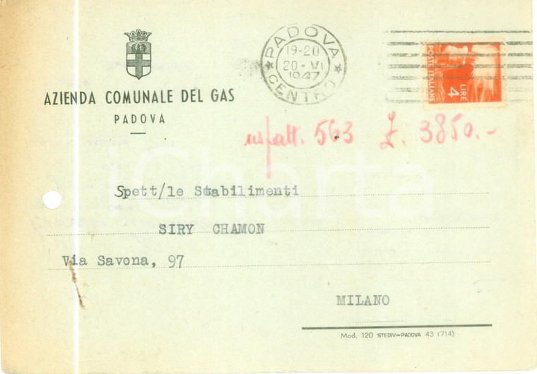 1947 PADOVA Azienda Comunale del Gas *Cartolina commerciale FG VG