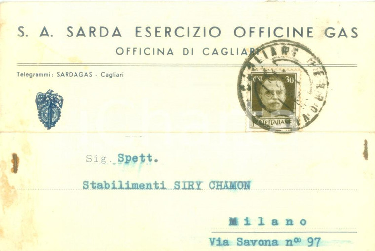 1939 CAGLIARI Società Anonima Sarda Esercizio Officine Gas *Cartolina FP VG