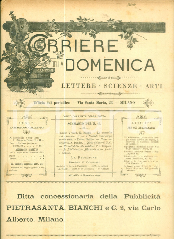 1892 CORRIERE DELLA DOMENICA Kappa Gaetano TREZZA *Rivista letteraria