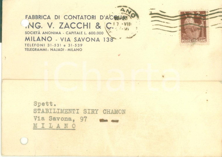 1946 MILANO Fabbrica contatori d'acqua Ing. ZACCHI & C. *Cartolina commerciale