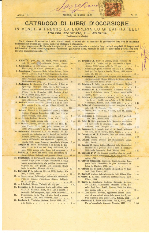 1899 MILANO Libreria Luigi BATTISTELLI Catalogo libri d'occasione n°12