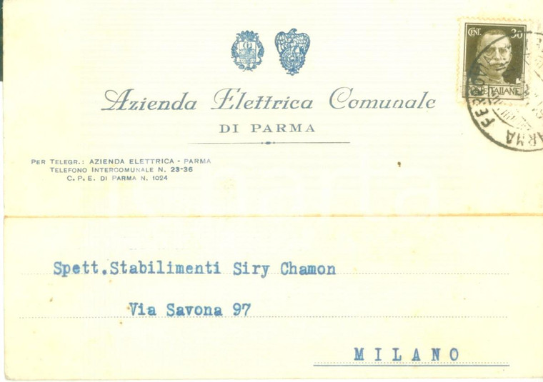 1940 PARMA Azienda Elettrica Comunale sollecita invio contatori *Cartolina FG VG