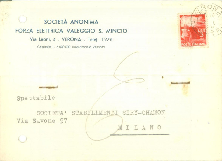 1947 VERONA Società An. Forza Elettrica VALEGGIO SUL MINCIO *Cartolina FG VG