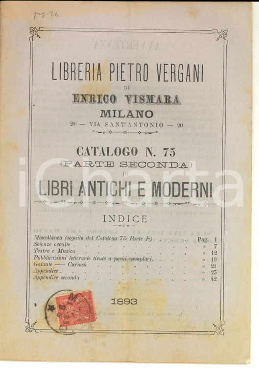 1893 MILANO Libreria Pietro VERGANI Catalogo libri antichi e moderni n. 75 p. 2^