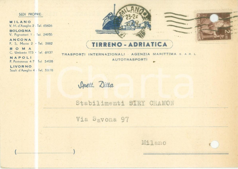 1947 MILANO Società TIRRENO ADRIATICA trasloca in Via D'AZEGLIO *Cartolina FG VG