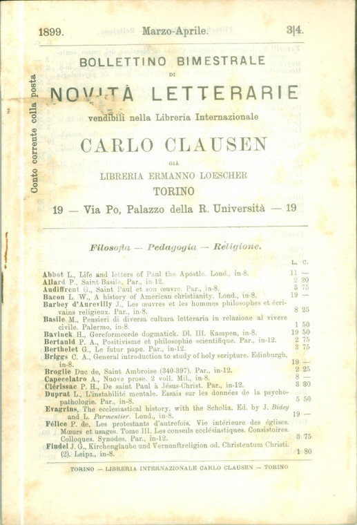 1899 TORINO Carlo CLAUSEN Bollettino bimestrale novità letterarie Catalogo 3/4