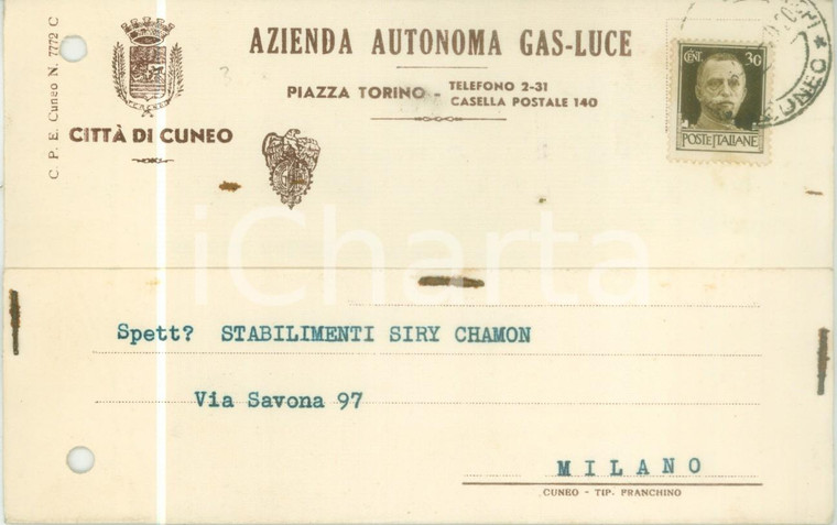 1941 CUNEO Azienda Autonoma Gas Luce *Cartolina commerciale FG VG