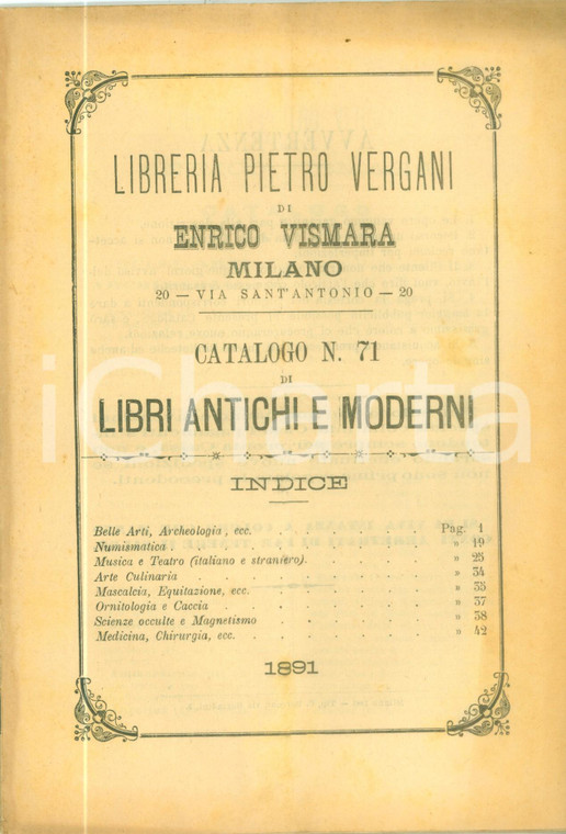 1891 TORINO Libreria Pietro VERGANI Catalogo 71 Libri antichi e moderni