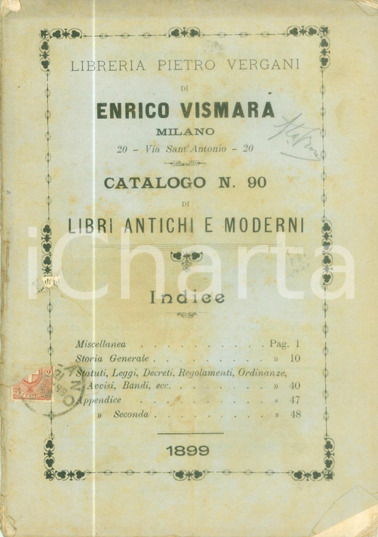 1899 TORINO Libreria Pietro VERGANI Catalogo 90 Libri antichi e moderni