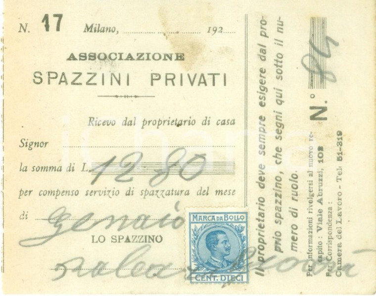 1920 ca MILANO Associazione Spazzini Privati Ricevuta servizio spazzatura