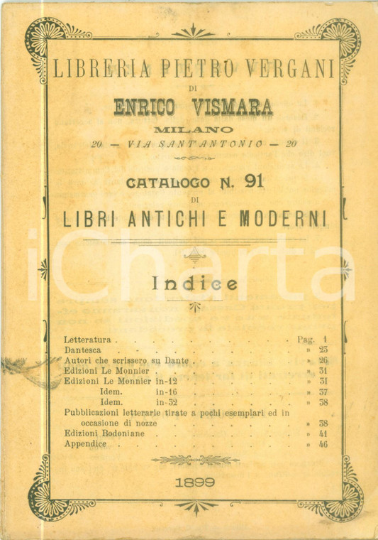 1899 TORINO Libreria Pietro VERGANI Catalogo 91 Libri antichi e moderni