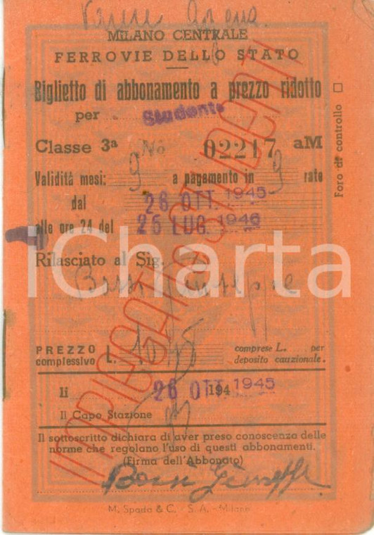 1945 MILANO FERROVIE DELLO STATO Biglietto di abbonamento a prezzo ridotto