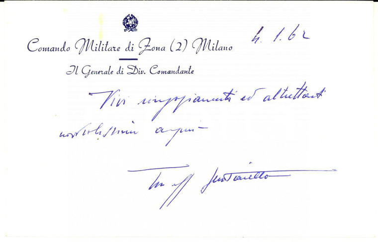 1962 MILANO Comando Militare - Biglietto gen. Michele SANTANIELLO *Autografo