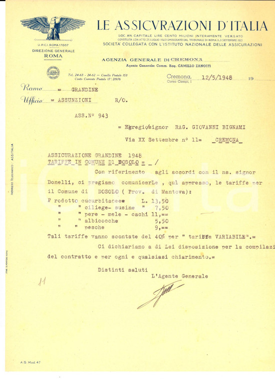 1948 DOSOLO (MN) ASSICURAZIONI D'ITALIA Tariffe per assicurazione frutta