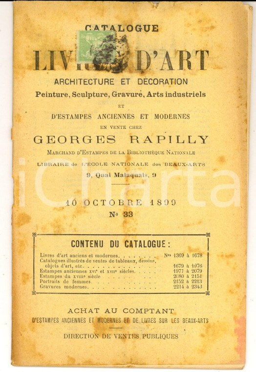 1899 PARIS Catalogue livres d'art en vente chez Georges RAPILLY *Catalogo 33