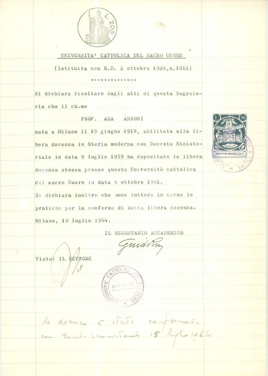 1964 MILANO Ada ANNONI Libera docenza all'Università Cattolica *Documento