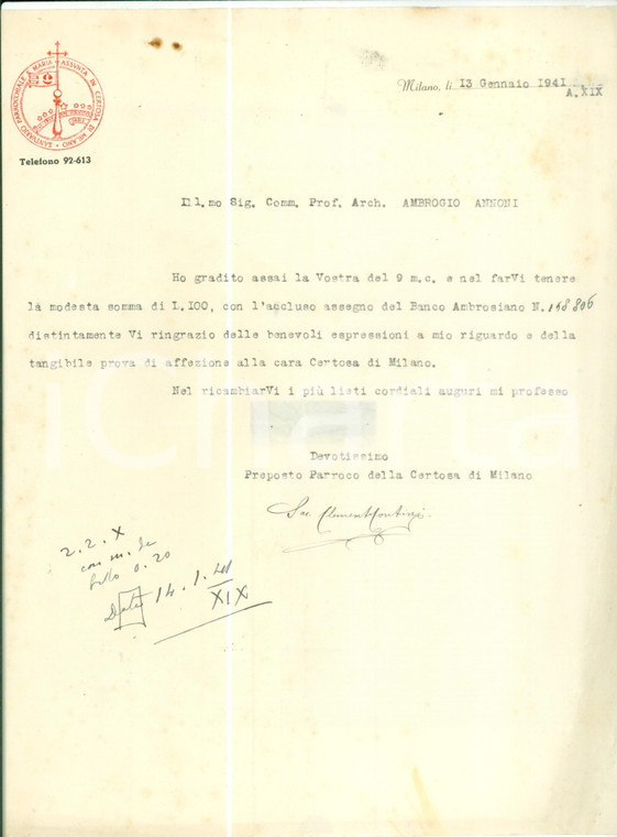 1941 MILANO Parroco Clemente CONTINI Santuario CERTOSA *Lettera AUTOGRAFA