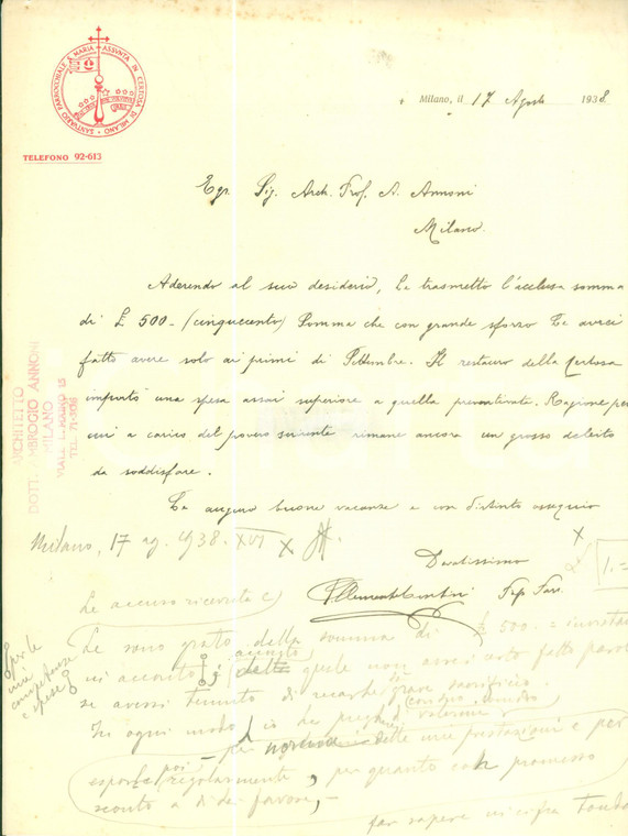 1938 MILANO CERTOSA Parroco Clemente CONTINI paga i restauri *Lettera AUTOGRAFA