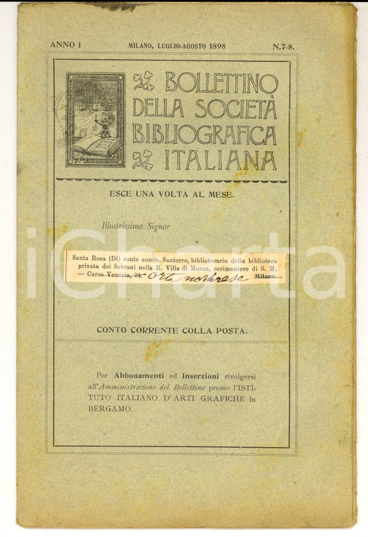 1898 Bollettino SOCIETA' BIBLIOGRAFICA ITALIANA Riunione di Torino n° 7-8