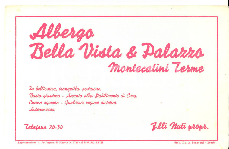 1940 MONTECATINI TERME Albergo BELLA VISTA & PALAZZO *Carta assorbente 22x14