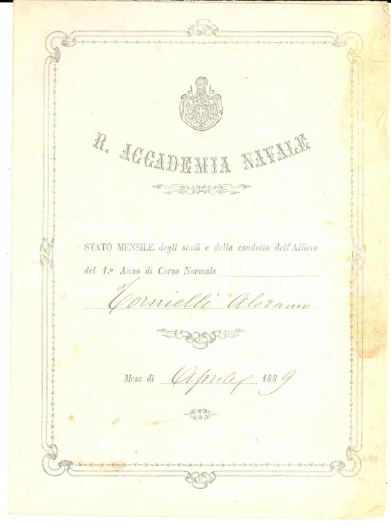 1889 LIVORNO Regia Accademia Navale - Stato mensile studi di Aleramo TORNIELLI