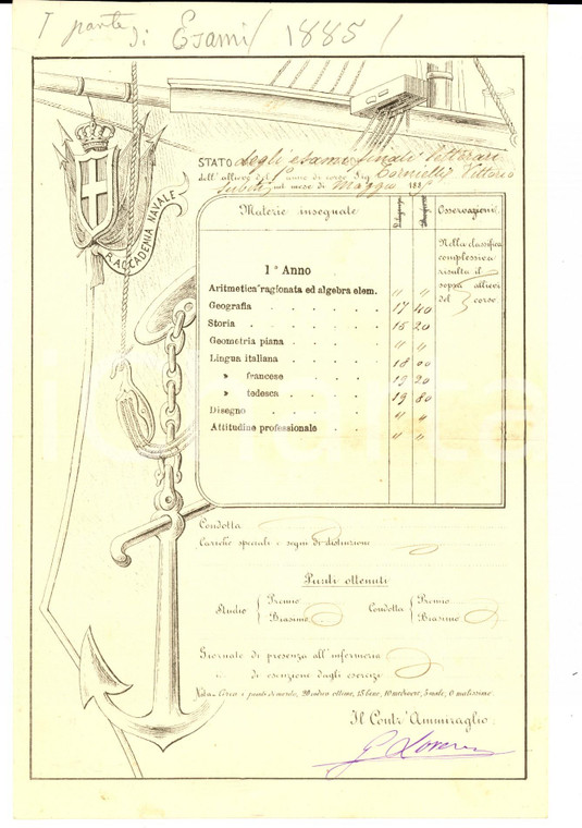 1885 LIVORNO Regia Accademia Navale -Esami finali letterari Vittorio TORNIELLI