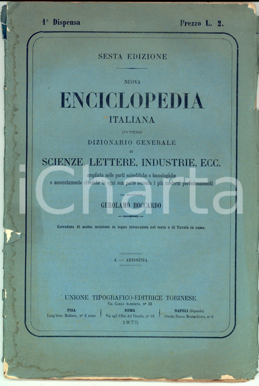 1875 TORINO BOCCARDO Nuova ENCICLOPEDIA Italiana 6^ ed. 1^ dispensa UTET
