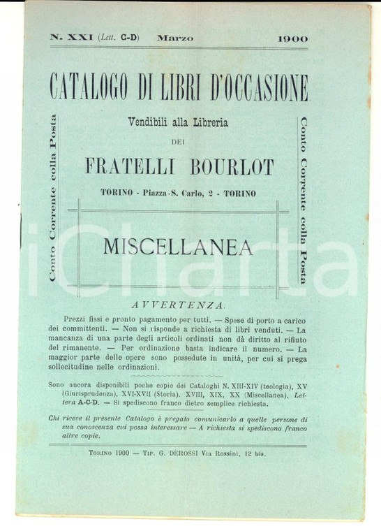 1900 TORINO Catalogo libreria FRATELLI BOURLOT Libri occasione n°XXI Miscellanea