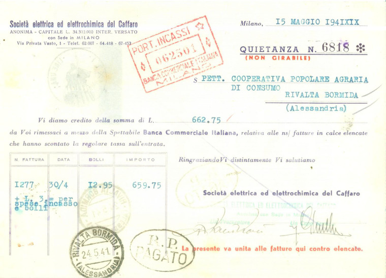 1941 MILANO Società elettrica elettrochimica del CAFFARO *Documento