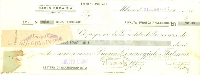 1941 MILANO Stabilimenti chimico farmaceutici CARLO ERBA *Lettera accreditamento