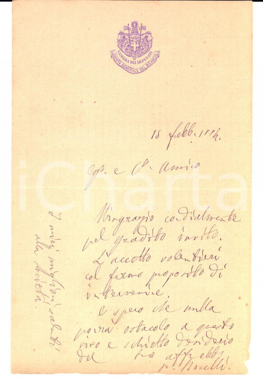 1884 ROMA On. Paolo BOSELLI ringrazia per un invito a una conferenza *AUTOGRAFO