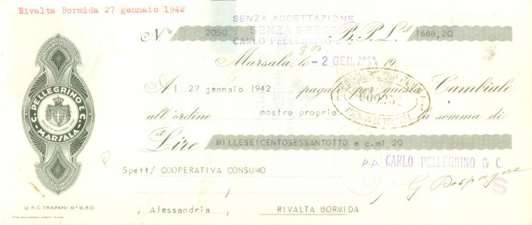 1942 MARSALA (TP) Ditta C. PELLEGRINO vini *Cambiale pubblicitaria