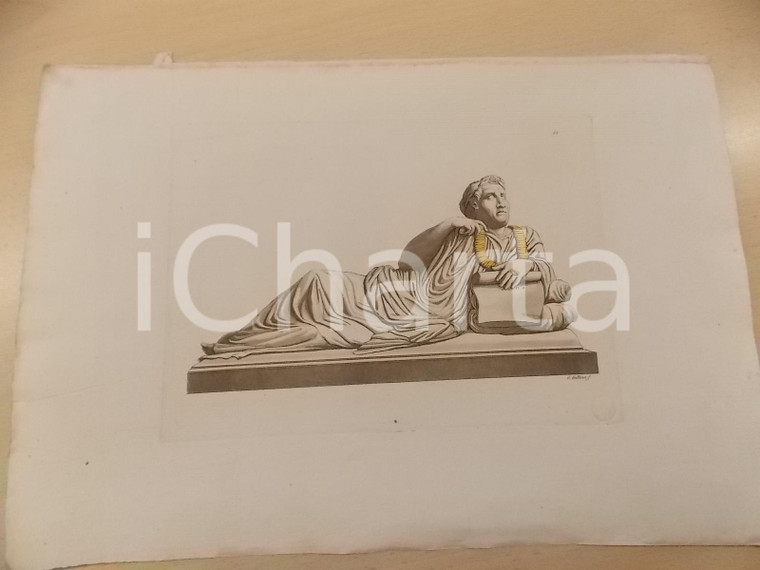 1840 FERRARIO COSTUME ANTICO Coperchio sarcofago etrusco *Stampa GALLINA 36x27