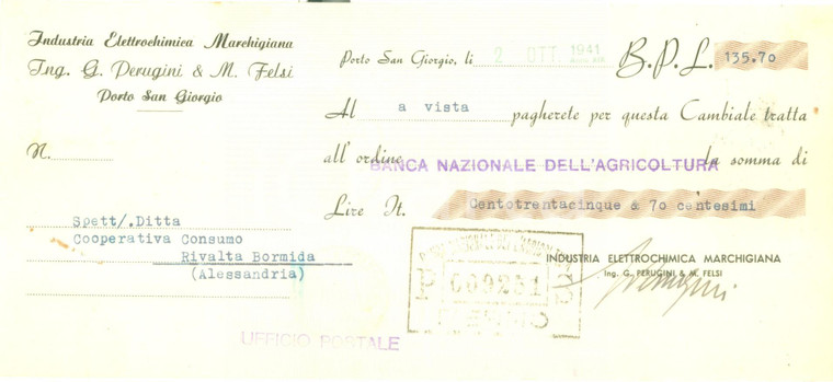 1941 PORTO SAN GIORGIO (FM) Industria Elettrochimica Marchigiana Cambiale