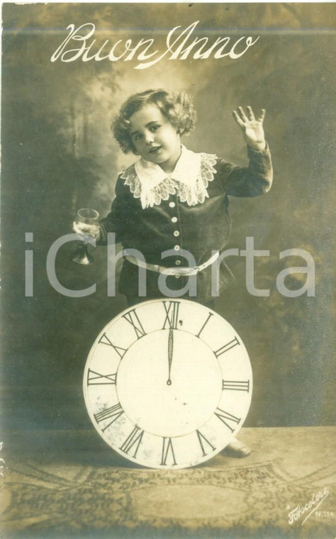 1929 BUON ANNO Bambina annuncia la mezzanotte *Cartolina augurale FP VG