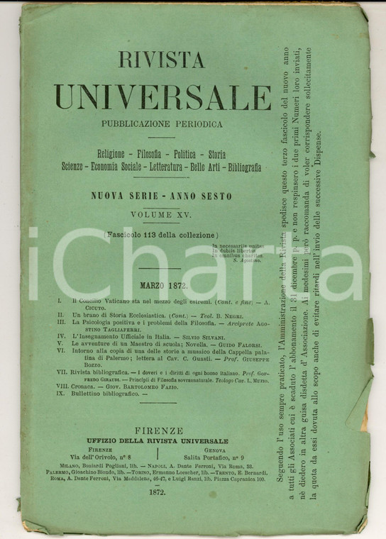 1872 RIVISTA UNIVERSALE L'insegnamento ufficiale in Italia *Anno VI n°113
