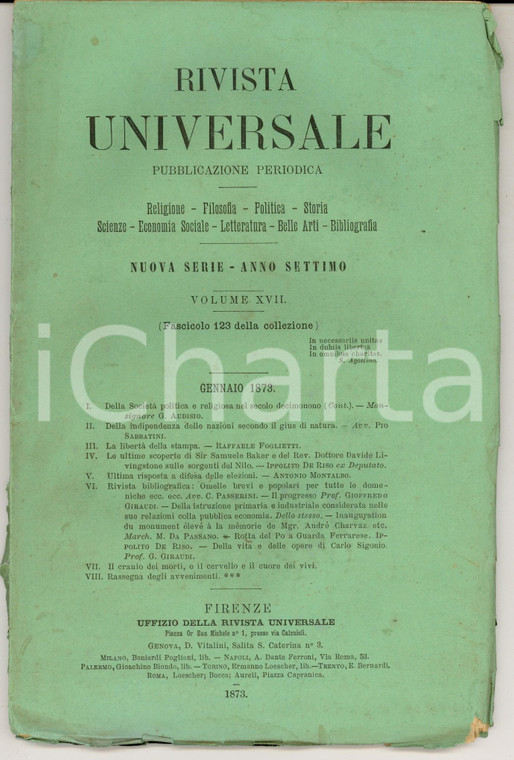 1873 RIVISTA UNIVERSALE Scoperte di David LIVINGSTONE sul Nilo *Anno VII n° 123