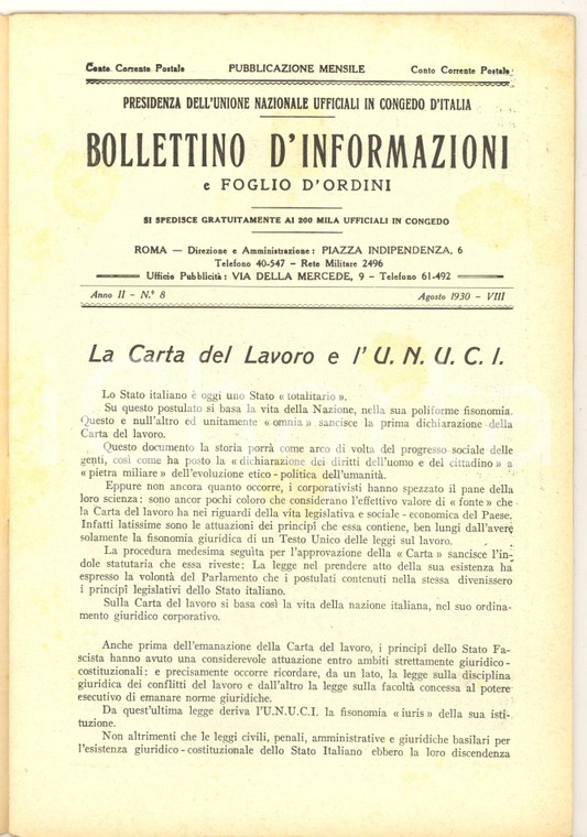 1930 Bollettino UNUCI TORINO Istituto per figlie militari *Rivista anno II n° 8